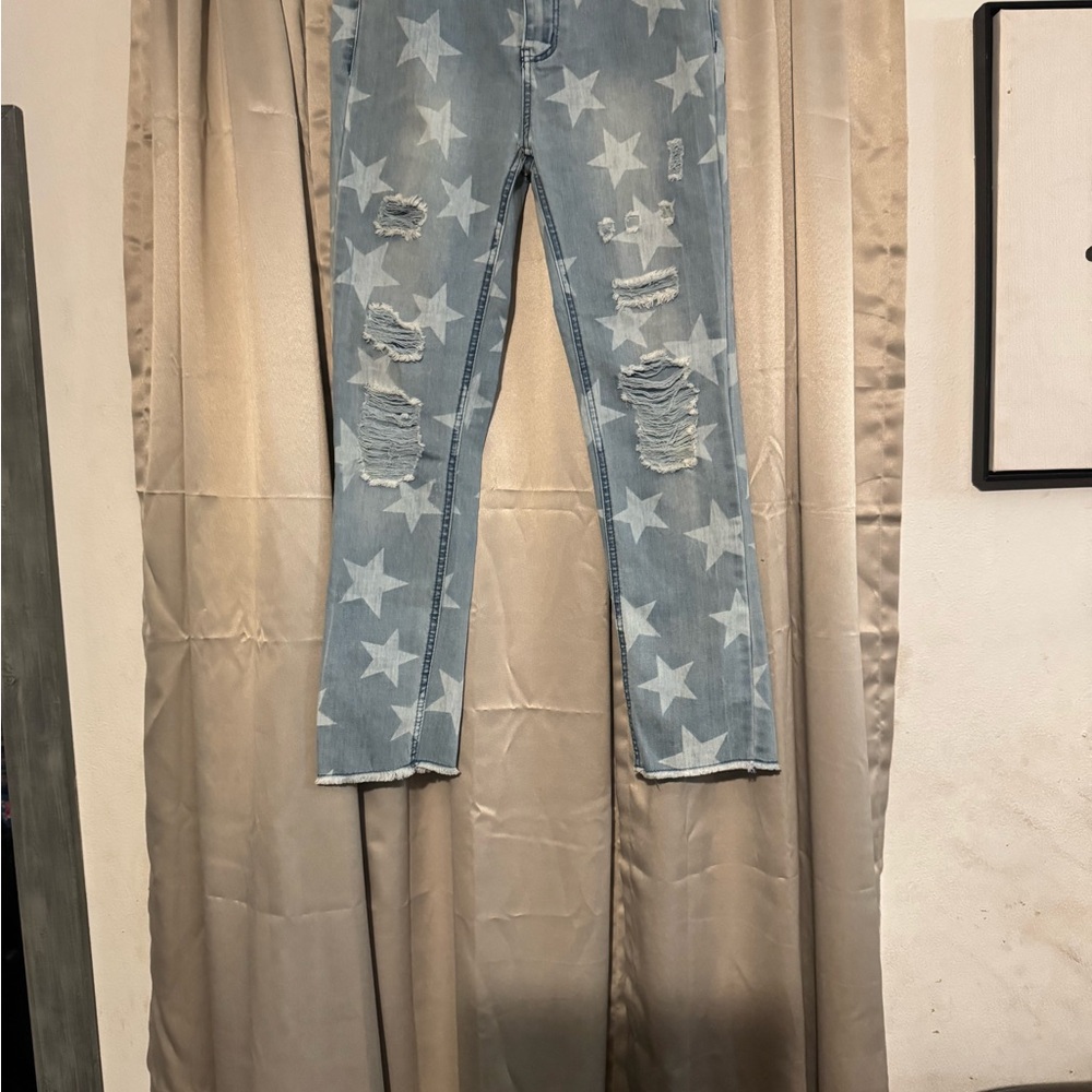 Easel Sky Blue Star Pattern Skinny Jeans - Picture 3 of 11